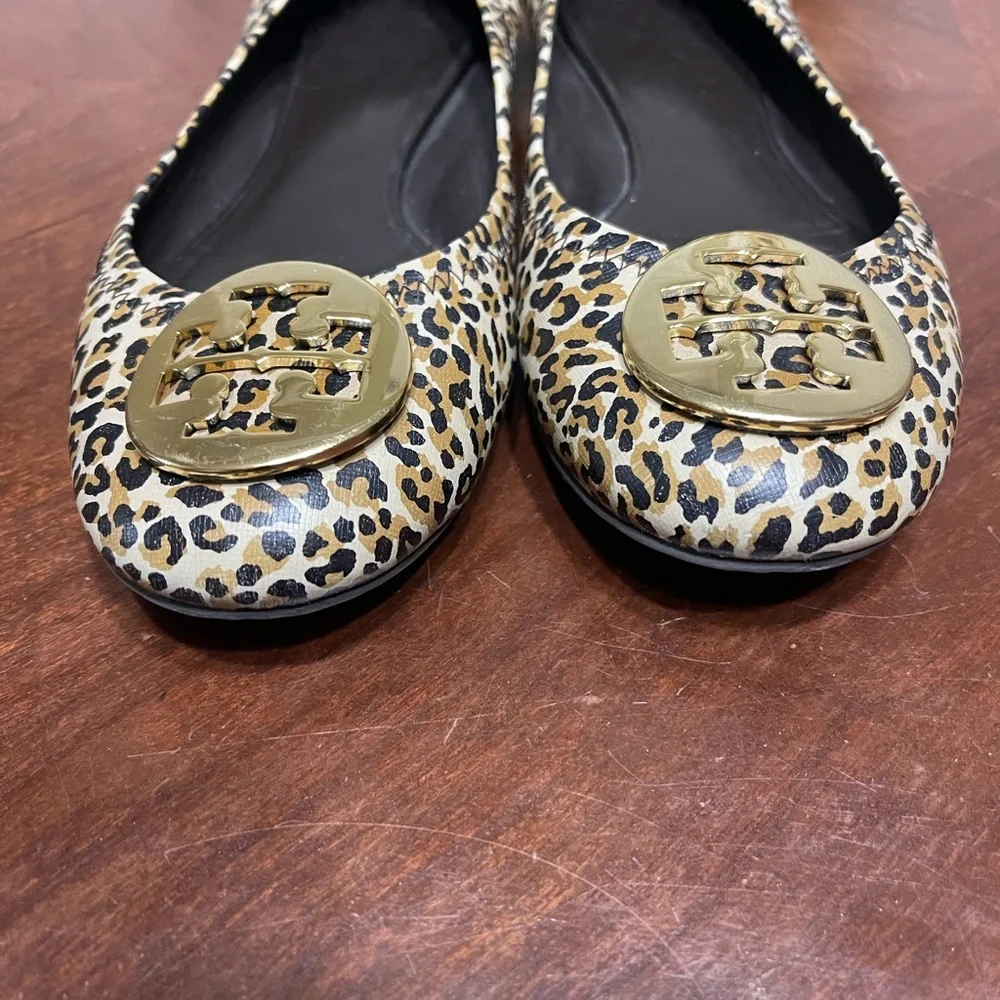 Tory Burch Minnie Leopard Patent Cross Grain Saffiano Leather Reva Ballet Flats
